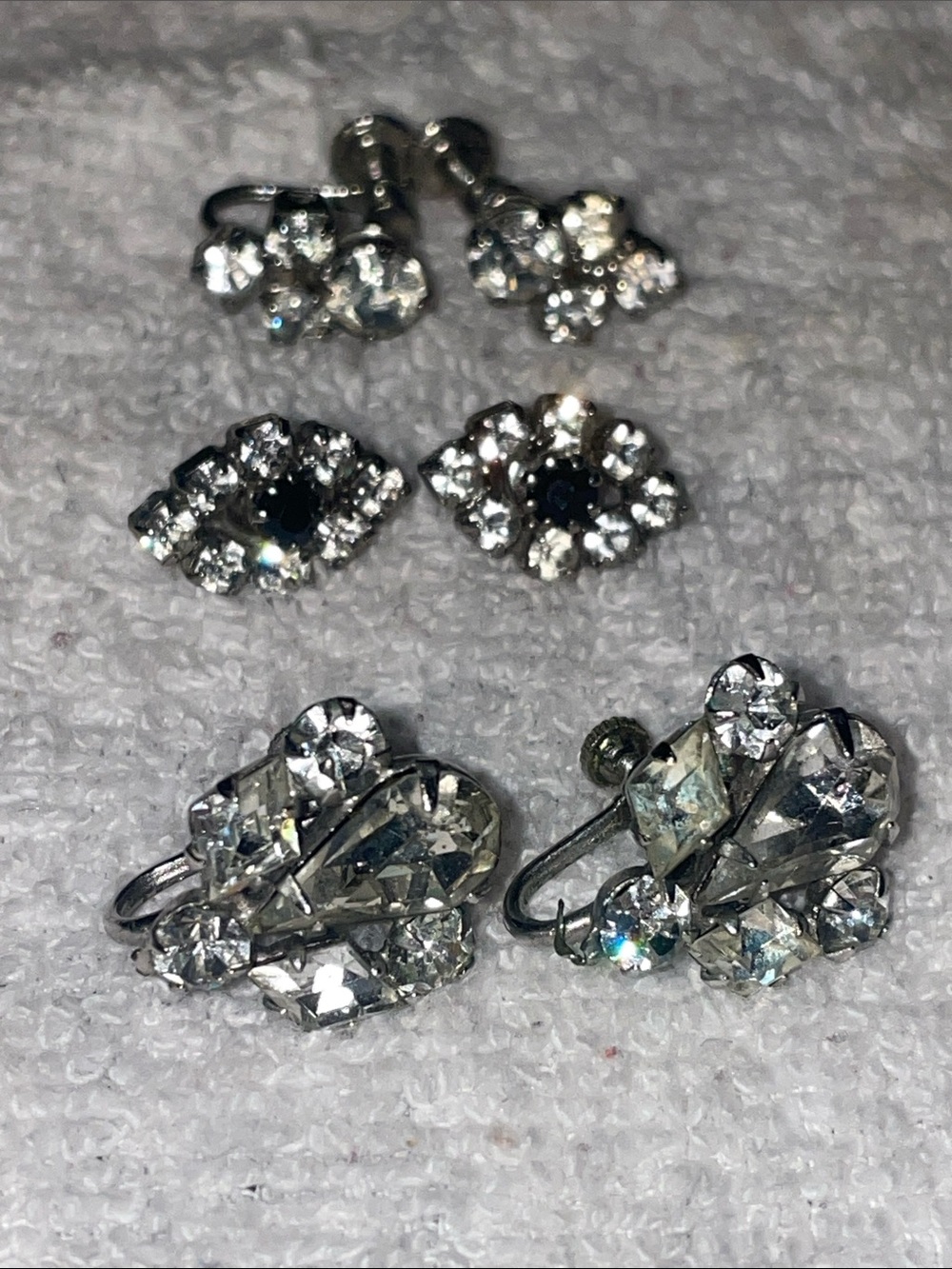 3 Vintage Pairs of Crystal Cluster Earrings - Clear Silver Tone